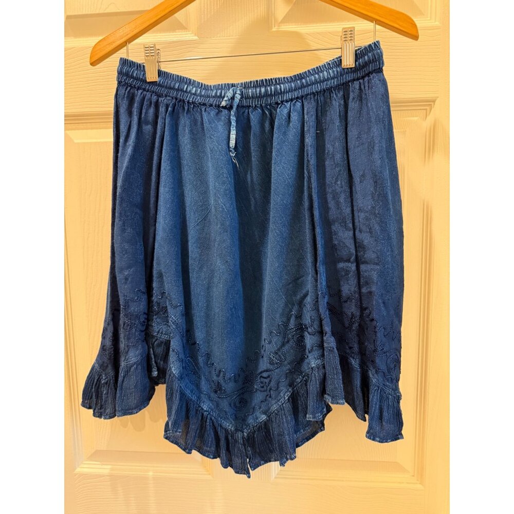 Vintage-Style Blue Ruffled Rayon Skirt With Embroidered Details Elastic Waist